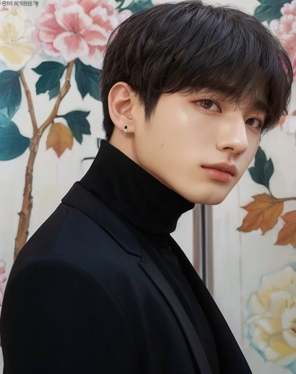 there is a man in a black jacket and black turtleneck, com brinco, Jungkook, Cai Xukun, hyung tae, Jinyoung Shin, dez lee, taejune kim, Yoongi de cabelo preto, Kim Doyoung, Hyung Tae Kim, Wonbin Lee, Shin Jeongho, Yanjun Chengt, inspirado em jeonseok lee, Hong junho hyung, foto oficial
