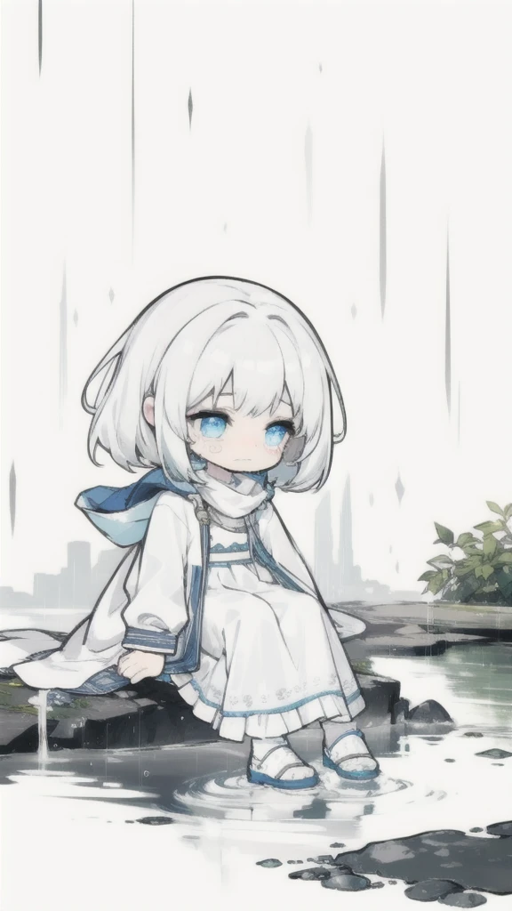 best quality, chibi, 1 girl, (full body), Pure white background,Vivid,clearly,sad face,rain,Cry,sitting in water