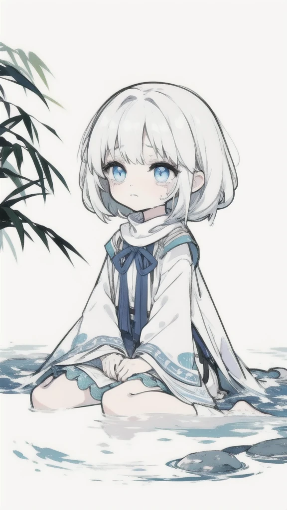 best quality, chibi, 1 girl, (full body), Pure white background,Vivid,clearly,sad face,rain,Cry,sitting in water