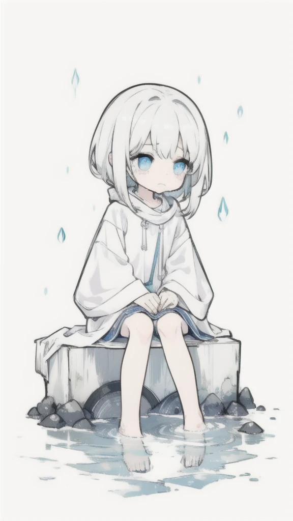 best quality, chibi, 1 girl, (full body), Pure white background,Vivid,clearly,sad face,rain,Cry,sitting in water