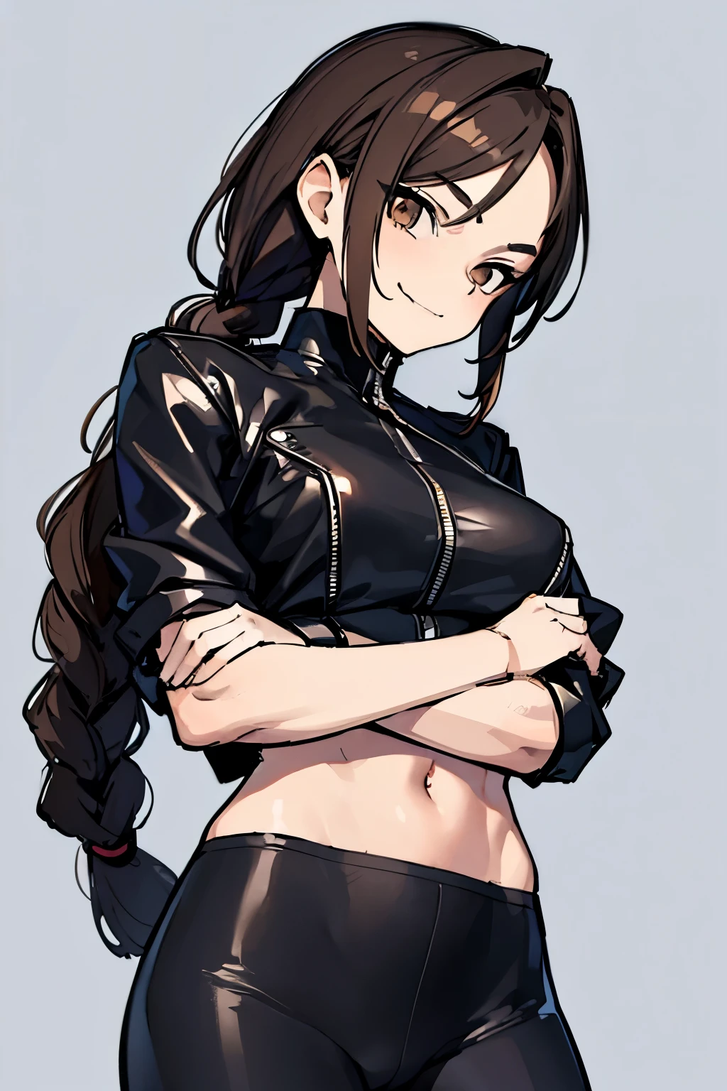 (((masterpiece))), (best quality)) 1girl, single character, female, ager, arms crossed, looking down, looking at camera, (camera from below), smug, teasing, teasing smile, big breasts, dark brown eyes, small eyes, brown hair, long hair, loose braid, black leather jacket, crop top underneath, leggings, slightly muscular, muscle arms, sidewalk, blue sky