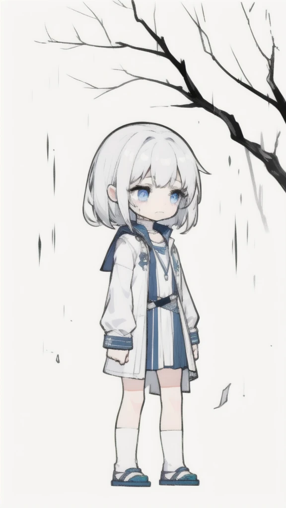 best quality, chibi, 1 girl, (full body), Pure white background,Vivid,clearly,sad face,rain,Cry,men and women