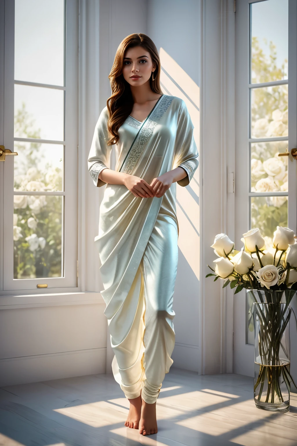 A russian gril in saree, surrounded by white roses, and the sunlight is streaming through the window, creating a warm and inviting atmosphere. She is wering her wet pajama, realistic, best quality, photo-realistic 8k, (best quality:1.1), masterpiece, (realistic:1.1), photo-realistic