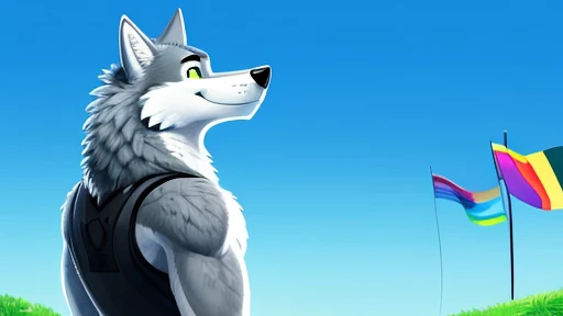 ((Danny a anthropomorphic black, grey, and white male wolf with summer clothing  )) , looking at viewer,a little to the side, fur,solo, cartoon, (highly detailed illustration:1.2), best quality, masterpiece, solo, tail, torso, , standing, social media background cover art profile picture looking really cool background picture to put as a cover artwork, extremely good background cover artwork, computer desktop background, with a with the Gay Pride flag green to blue in the background with really cool effects, light blue fur colored body