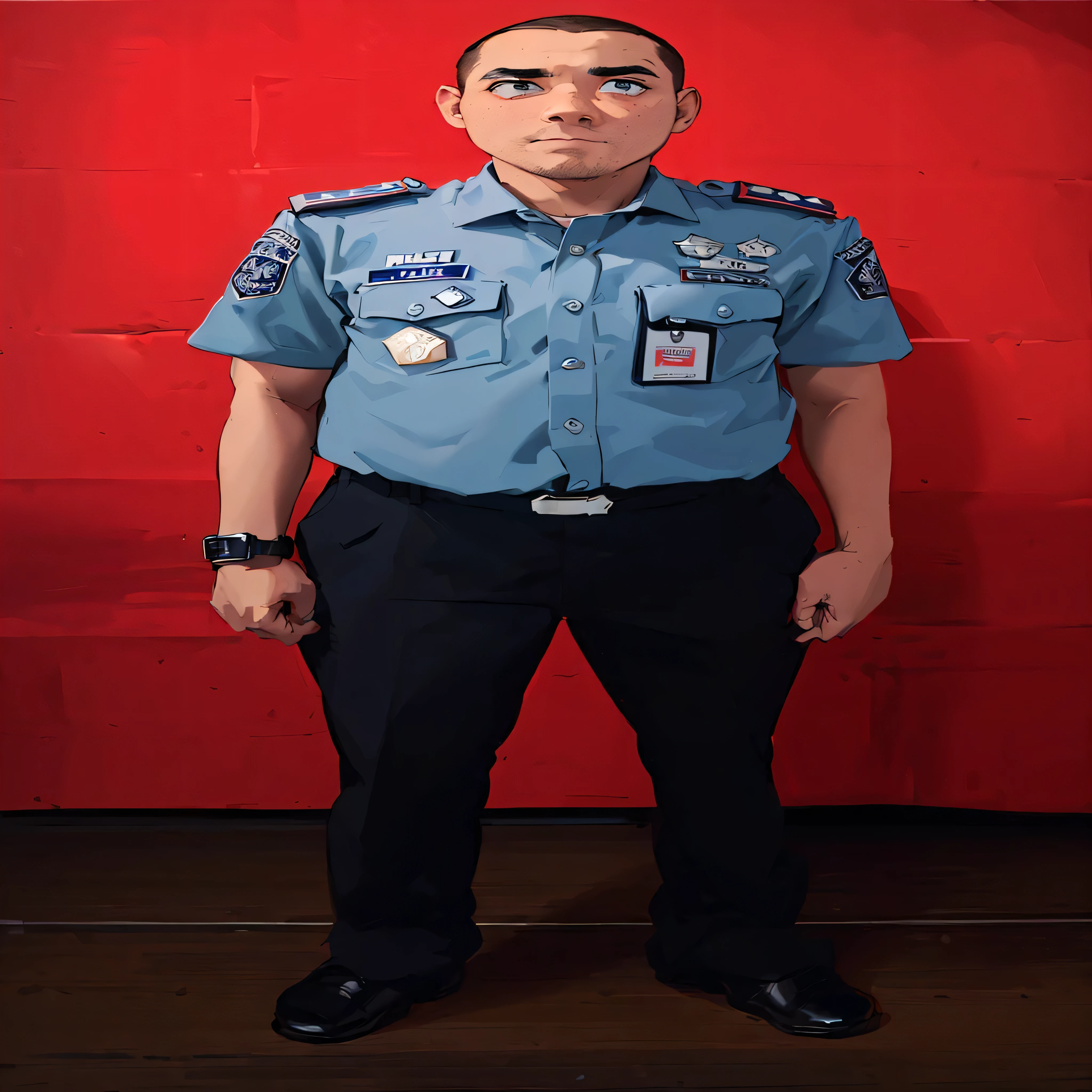 arafed man in uniform standing in front of a red backdrop, full uniform, officer, police officer, outfit: cop, blue uniform, security agent, full body picture, wearing a police uniform, in uniform, full body photogenic shot, full body photograph, portrait full body, full body portrait shot, uniform, wearing rr diner uniform, full body camera shot