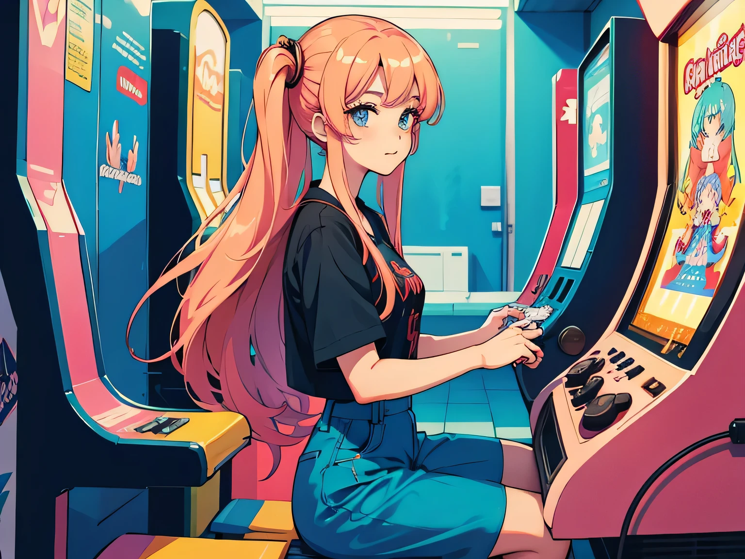Anime girl in a retro arcade, 80&#39;s anime atmosphere, 80s anime style, retro anime girl, 1980's anime style, retro anime images, anime atmosphere, Playing games, smoking a cigarette, smoking