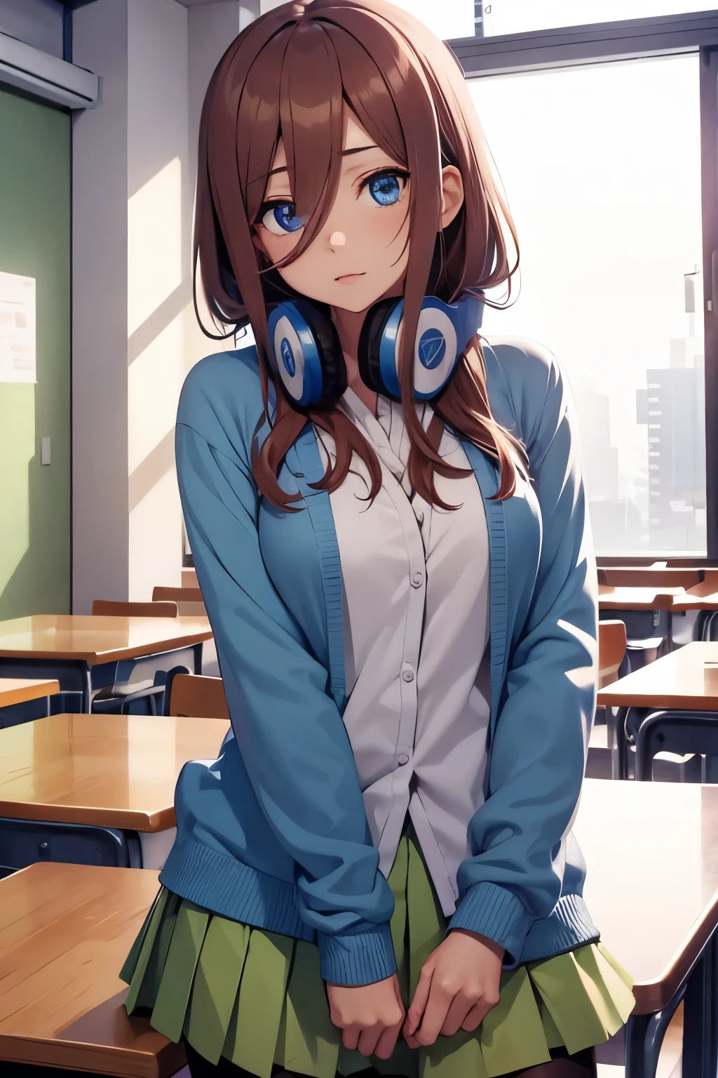mikunakano, miku nakano, long hair, bangs, blue eyes, brown hair, shirt, hair between eyes, headphones, cardigan, headphones around neck,
BREAK skirt, shirt, long sleeves, white shirt, pantyhose, pleated skirt, black pantyhose, cardigan, green skirt, blue cardigan,
BREAK indoors, classroom,
BREAK looking at viewer, BREAK (masterpiece:1.2), best quality, high resolution, unity 8k wallpaper, (illustration:0.8), (beautiful detailed eyes:1.6), extremely detailed face, perfect lighting, extremely detailed CG, (perfect hands, perfect ???????),