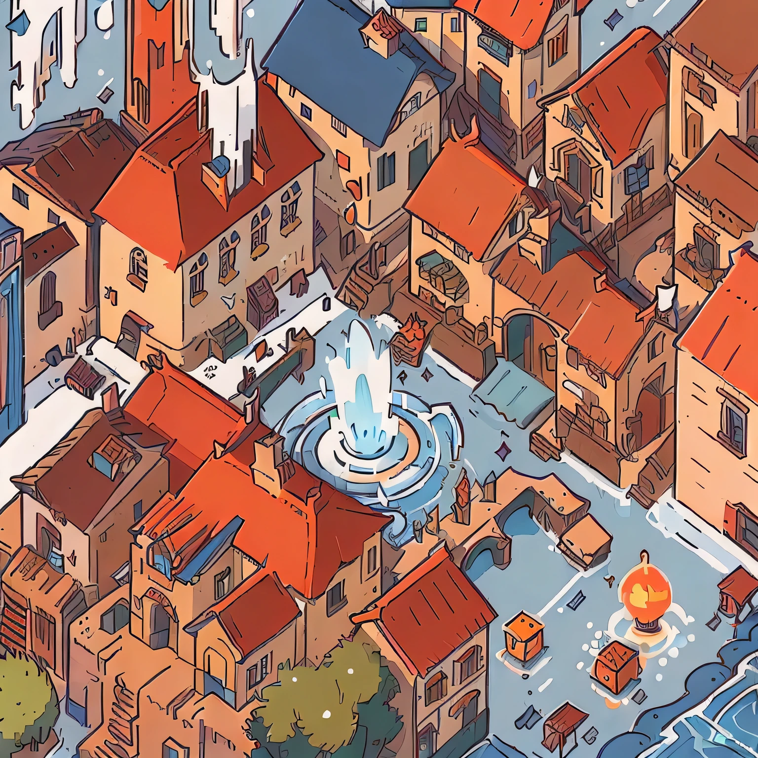 arafed town with a fountain and a horse drawn carriage, medieval town landscape, medieval city background, medieval town, medieval city, town center background, medieval village, isometric 3d fantasy, town background, isometric 3d render, isometric view. game rpg, isometric illustration, isometric game art, renaissance port city background, townscape