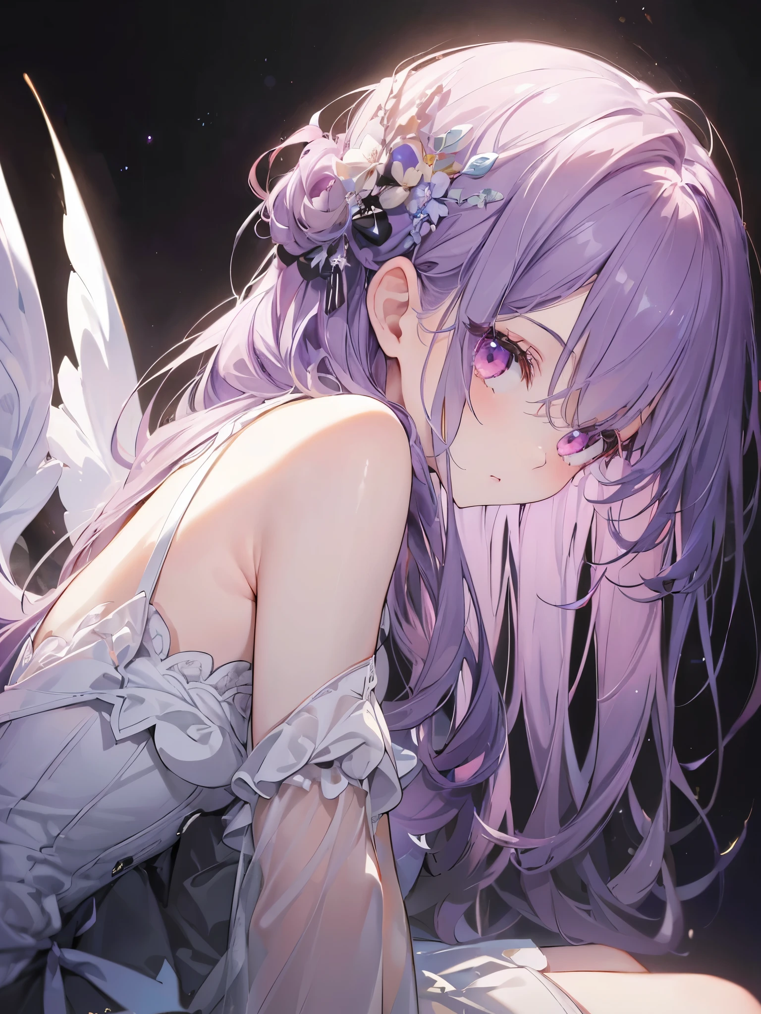 (eyelash:1.3),(Black background:1.2),View ViewerHigh Resolution, Cute One Girl, Beautiful and fine details, Long purple hair, Pale red eyes, Original Costume、Princess Dress, Glowing Skin, 前かがみSide Shotハイコントラストの女の子, Sitting, Side Shot, (null:1.3), (masterpiece, highest quality, perspective, Depth of written border:1.5)