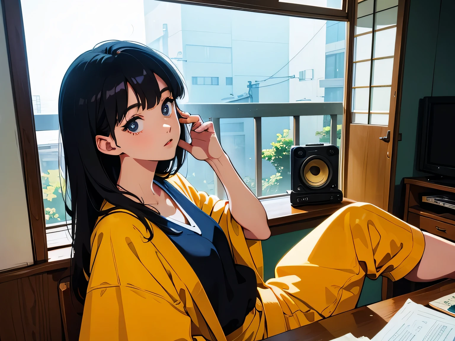 A masterpiece, top quality, a woman sitting by the window of an old apartment, enjoying LOFI music playing from a vintage record player, depicted in the 1980s Japanese anime style. Featuring a young woman with large expressive eyes, voluminous black hair with bangs, and casual, colorful clothing, the image should capture a nostalgic and dramatic mood with the saturated colors and detailed expressions characteristic of 1980s anime.