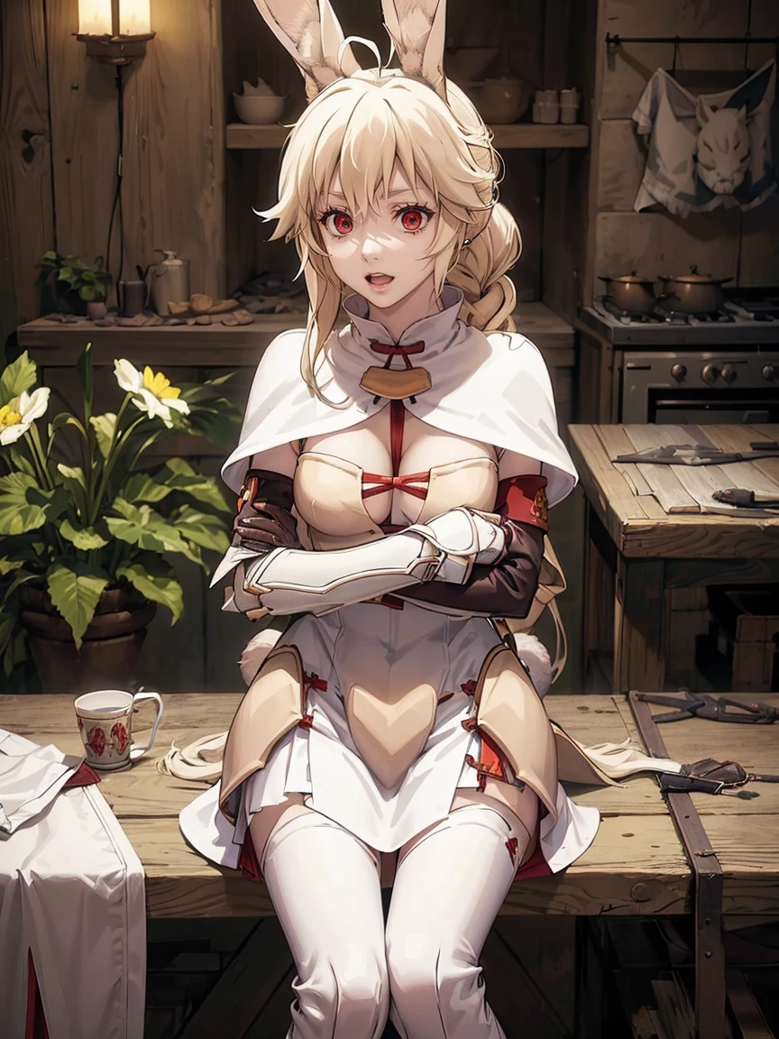 a rabbit girl sitting on a table in a tabern, (rabbit girl)(best quality,high resolution, masterpiece:1.2), female focus, (one girl:1.5), (free hands), beautiful eyes, (white hair:1), detailed eyes, (rabbit ears), (red eyes:1.2), white cloak, big smile, open mouth, fleshy lips, hair ornament, beer tankard, leather armor, Clothes made of tanned leather, armored minidress, detached sleeves, wrist guard, white thighhighs, shin guards, armoed boots, perfect quality, good quality, masterpiece, (arms crossed1.2), looking at the viewer, Prepare-se para mergulhar em um mundo onde a beleza e o artesanato se fundem perfeitamente, anatomically correct. ultra nitidez