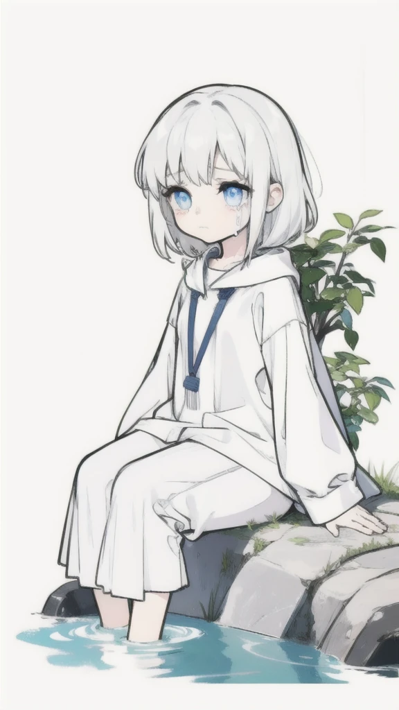 best quality, chibi, 1 girl, (full body), Pure white background,Vivid,clearly,sad face,rain,Cry,sitting in water