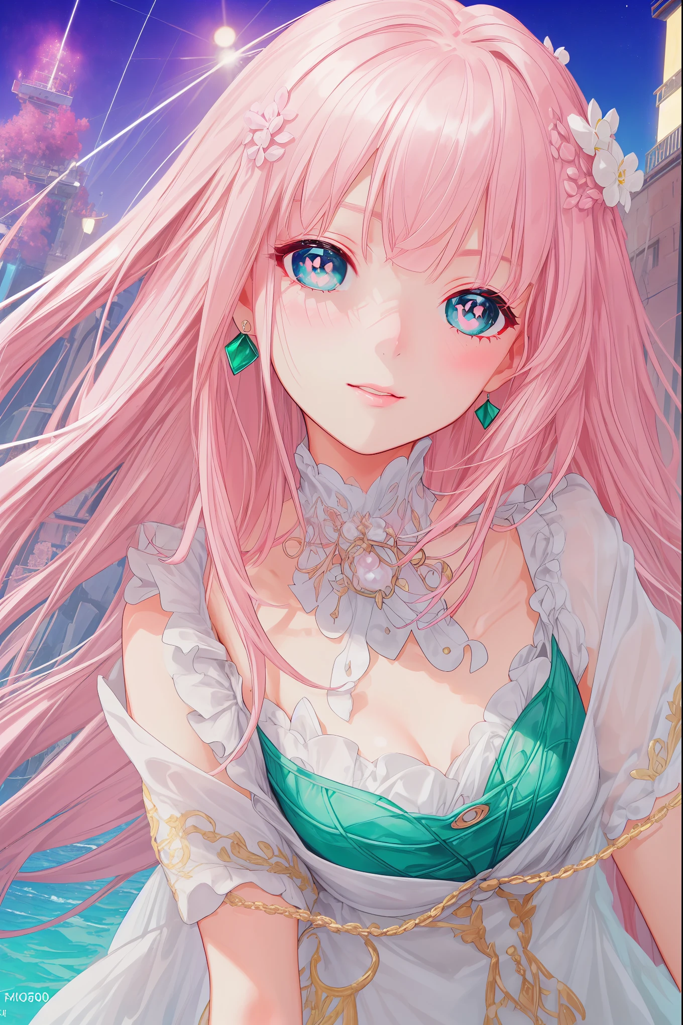 (((pearl pink hair,emerald pupils))),((beautiful and detailed)),(blushing), (geometric:1.1), ((1girl,amazing,adorable girl,solo,arms down)),(Masterpiece,Best quality, offcial art,fractal art, Beautiful and aesthetic:1.2),(4k,HD,HRS),((small breasts)),(Physically-based rendering),Sharp focus, (((face portrait,focus on face,highdetailskin,The details are complex、Shallow depth of field、movie lighting、Reflectors、a Canon EOS R5、50mm lens、f / 2.8、shot at 8k resolution)))，correct pupils,((((shiny hair|detailed hair|half bangs|long hair)))),(masterpiece sidelighting),(The sheen),(beautiful hair,bokeh:55mm)),((extremely_Detailed_Eyes_and_face)),Movie girl,(standing),Brilliant