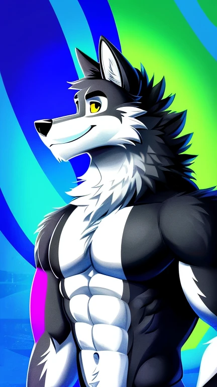 ((Danny a anthropomorphic black, grey, and white male wolf with summer clothing  )) , looking at viewer,a little to the side, fur,solo, cartoon, (highly detailed illustration:1.2), best quality, masterpiece, solo, tail, torso, , standing, social media background cover art profile picture looking really cool background picture to put as a cover artwork, extremely good background cover artwork,  phone background, with a with the Gay Pride flag green to blue in the background with really cool effects, Danny a anthropomorphic black, grey, and white male wolf, phone wallpaper background