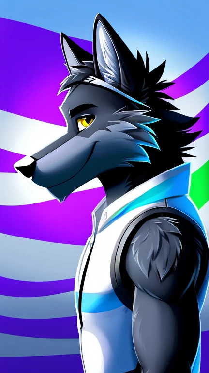 ((Danny a anthropomorphic black, grey, and white male wolf with summer clothing  )) , looking at viewer,a little to the side, fur,solo, cartoon, (highly detailed illustration:1.2), best quality, masterpiece, solo, tail, torso, , standing, social media background cover art profile picture looking really cool background picture to put as a cover artwork, extremely good background cover artwork,  phone background, with a with the Gay Pride flag green to blue in the background with really cool effects, Danny a anthropomorphic black, grey, and white male wolf, phone wallpaper background