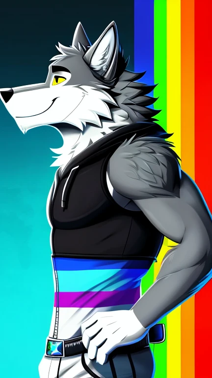 ((Danny a anthropomorphic black, grey, and white male wolf with summer clothing  )) , looking at viewer,a little to the side, fur,solo, cartoon, (highly detailed illustration:1.2), best quality, masterpiece, solo, tail, torso, , standing, social media background cover art profile picture looking really cool background picture to put as a cover artwork, extremely good background cover artwork,  phone background, with a with the Gay Pride flag green to blue in the background with really cool effects, Danny a anthropomorphic black, grey, and white male wolf, phone wallpaper background