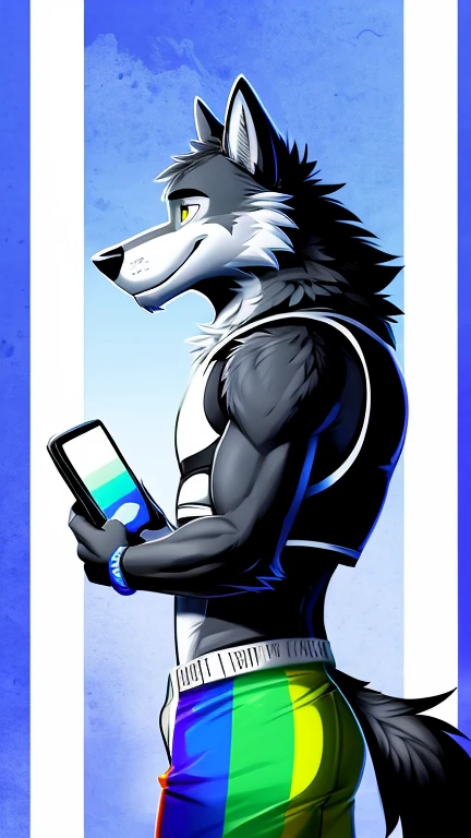 ((Danny a anthropomorphic black, grey, and white male wolf with summer clothing  )) , looking at viewer,a little to the side, fur,solo, cartoon, (highly detailed illustration:1.2), best quality, masterpiece, solo, tail, torso, , standing, social media background cover art profile picture looking really cool background picture to put as a cover artwork, extremely good background cover artwork,  phone background, with a with the Gay Pride flag green to blue in the background with really cool effects, Danny a anthropomorphic black, grey, and white male wolf, phone wallpaper background