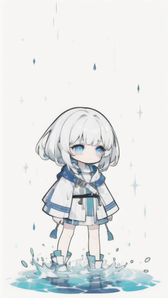 best quality, chibi, 1 girl, (full body), Pure white background,Vivid,clearly,sad face,rain,Cry,Standing in water