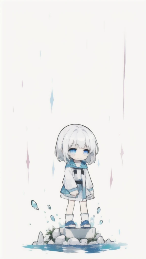 best quality, chibi, 1 girl, (full body), Pure white background,Vivid,clearly,sad face,rain,Cry,Standing in water