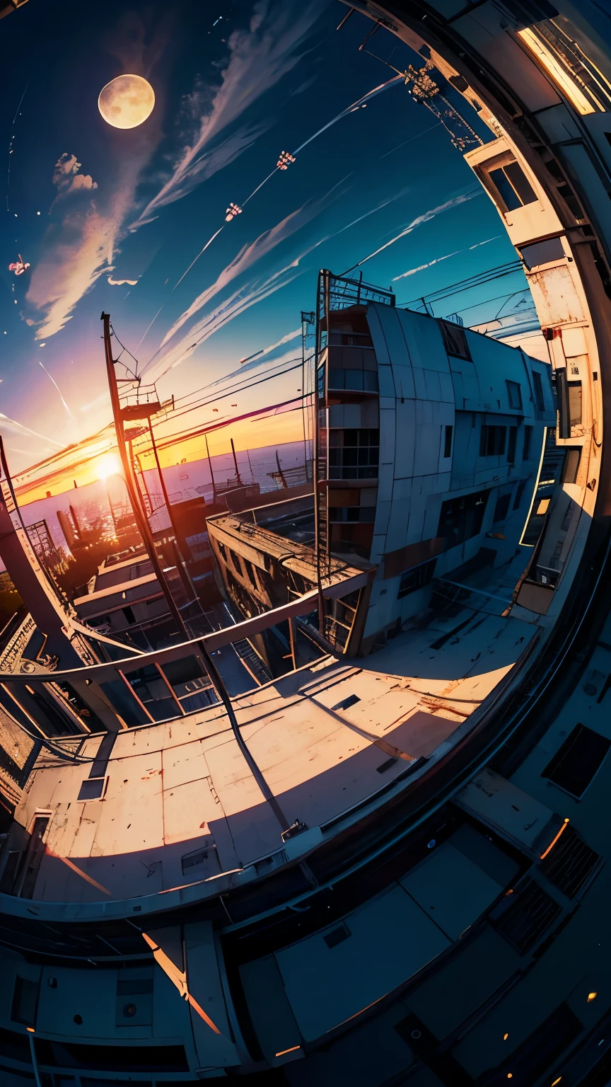 (Fish-eye lens),Icon, Logo, Very Wide White Background, Extreme Quality, Masterpiece, 8k, Depth of Field, Complex Detail, (No People), Very Large Margin, Lots of Text, Corporate Logo, Space, Motif, Emblem, Movie Poster-Like, Fisheye, Abandoned Factory, Lots of Wires, Spacecraft, Moon, Sun Flare, (sunset)