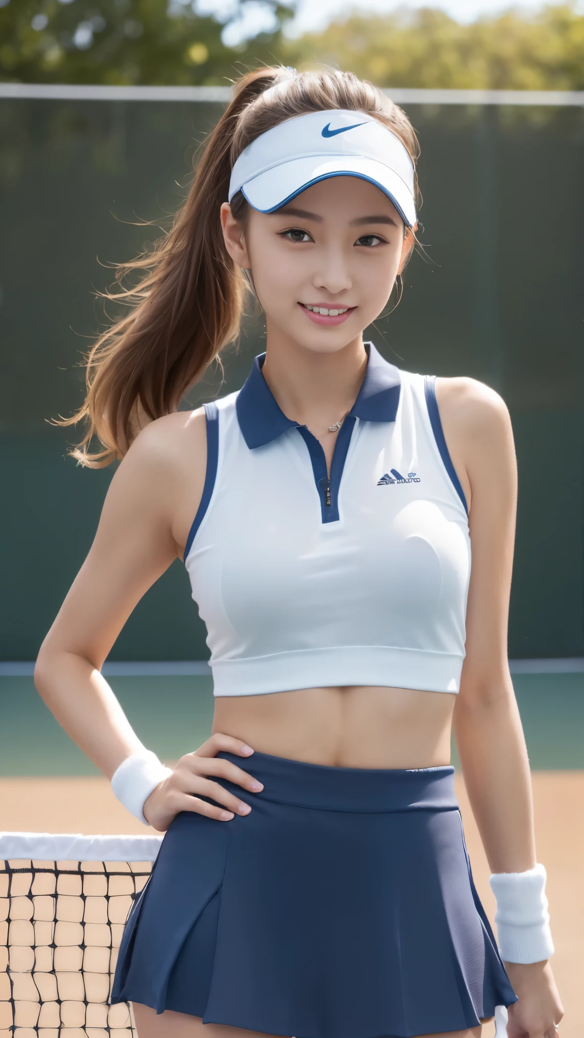 (((Masterpiece，highest quality，Highest quality，8k))),((Ultra-high resolution，極めてdetailed，detailed)，Hyper Quality，Beautiful Japanese woman in tennis wear, Female college student，tennis Club，Gal，detailedなボディライン，Tennis court，tennis racket，Tennis ball，smile，Beauty，sexy，glamorous，tall，Bright brown hair，ponytail,Large Breasts,G-Cup,Tight waist，Big Ass,Sun visor,Sleeveless polo shirt worn next to bare skin(See-through fabric)，mini skirt(See-through fabric)，Knee-high socks,Live Action, Skirt flip, (Female college studentがTennis courtで汗をかき練習をしている様子)