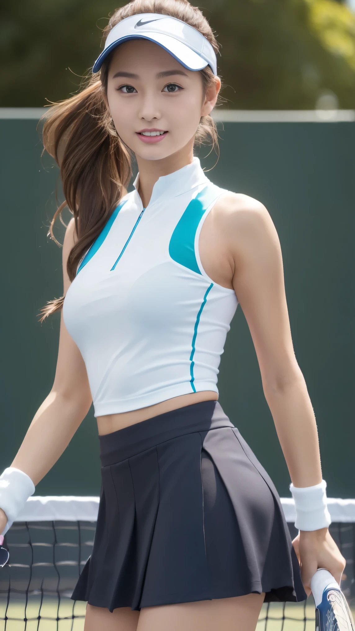 (((Masterpiece，highest quality，Highest quality，8k))),((Ultra-high resolution，極めてdetailed，detailed)，Hyper Quality，Beautiful Japanese woman in tennis wear, Female college student，tennis Club，Gal，detailedなボディライン，Tennis court，tennis racket，Tennis ball，smile，Beauty，sexy，glamorous，tall，Bright brown hair，ponytail,Large Breasts,G-Cup,Tight waist，Big Ass,Sun visor,Sleeveless polo shirt worn next to bare skin(See-through fabric)，mini skirt(See-through fabric)，Knee-high socks,Live Action, Skirt flip, (Female college studentがTennis courtで汗をかき練習をしている様子)