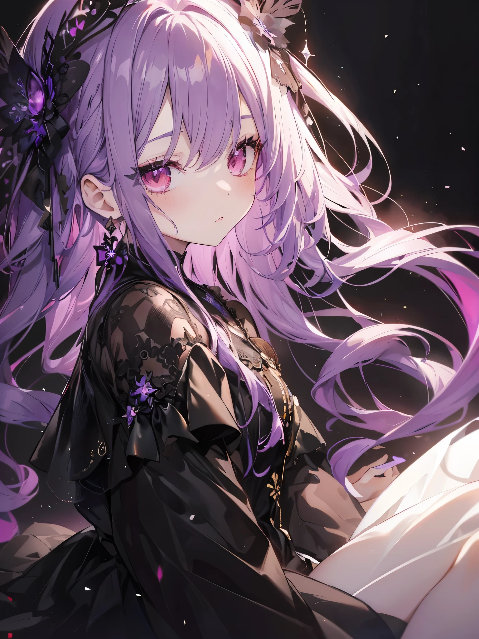 (eyelash:1.3),(Black background:1.2),View ViewerHigh Resolution, Cute One Girl, Beautiful and fine details, Long purple hair, Pale red eyes, Original Costume、Princess Dress, Glowing Skin, 前かがみSide Shotハイコントラストの女の子, Sitting, Side Shot, (null:1.3)