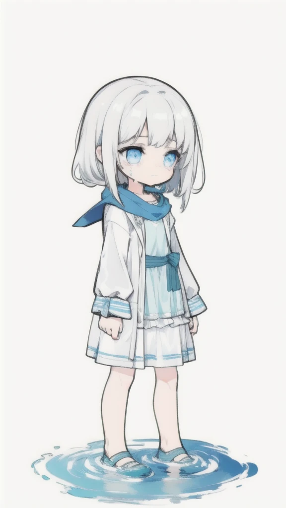 best quality, chibi, 1 girl, (full body), Pure white background,Vivid,clearly,sad face,rain,Cry,Standing in water