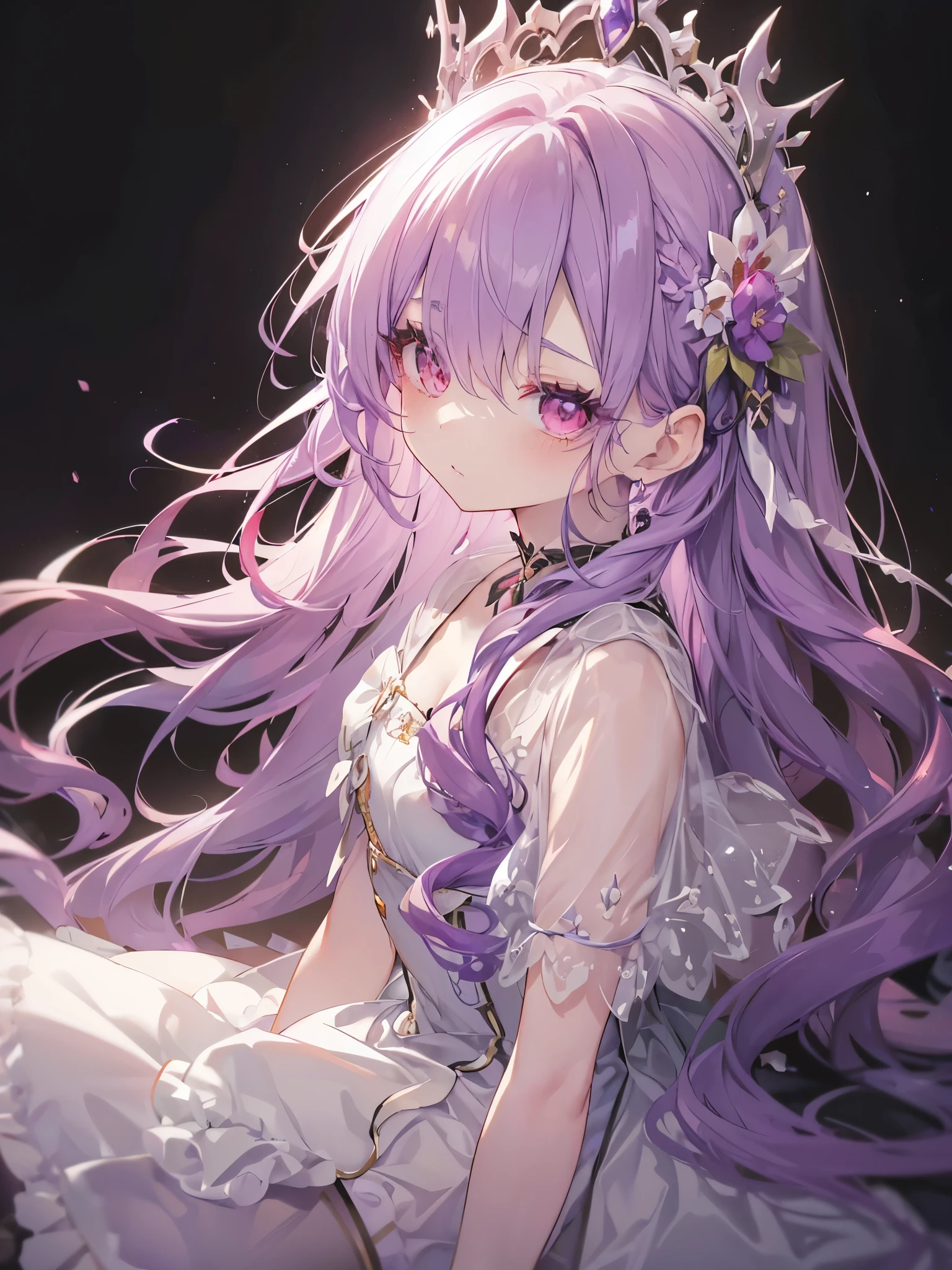 (eyelash:1.3),(Black background:1.2),View ViewerHigh Resolution, Cute One Girl, Beautiful and fine details, Long purple hair, Pale red eyes, Original Costume、Princess Dress, Glowing Skin, 前かがみSide Shotハイコントラストの女の子, Sitting, Side Shot, (null:1.3)
