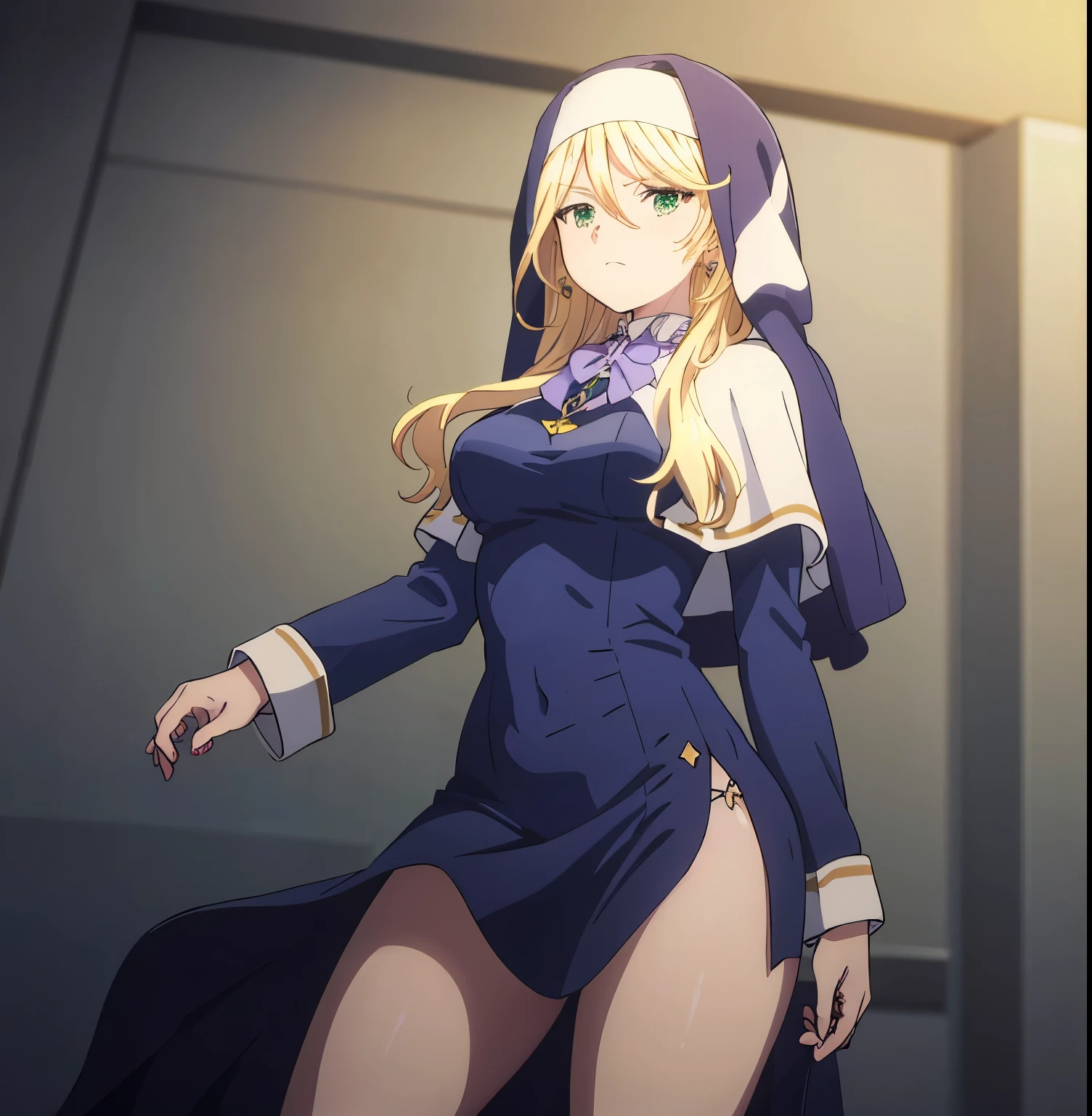 1girl, alone, Sharon Holygrail, blonde hair, long hair, green eyes, frown, blushing, blue capelet nun, blue nun tunic, open tunic, black lingerie with lace, black bra, black thong, necklace, choker, bow tie earrings purple, big breasts, medium waist, wide hips, medium thighs, round butt, looking at viewer, from the front, pov from below, standing, church, indoor, sexy body, sexy posture, holding right breast, perfect anatomy, perfect hands ,