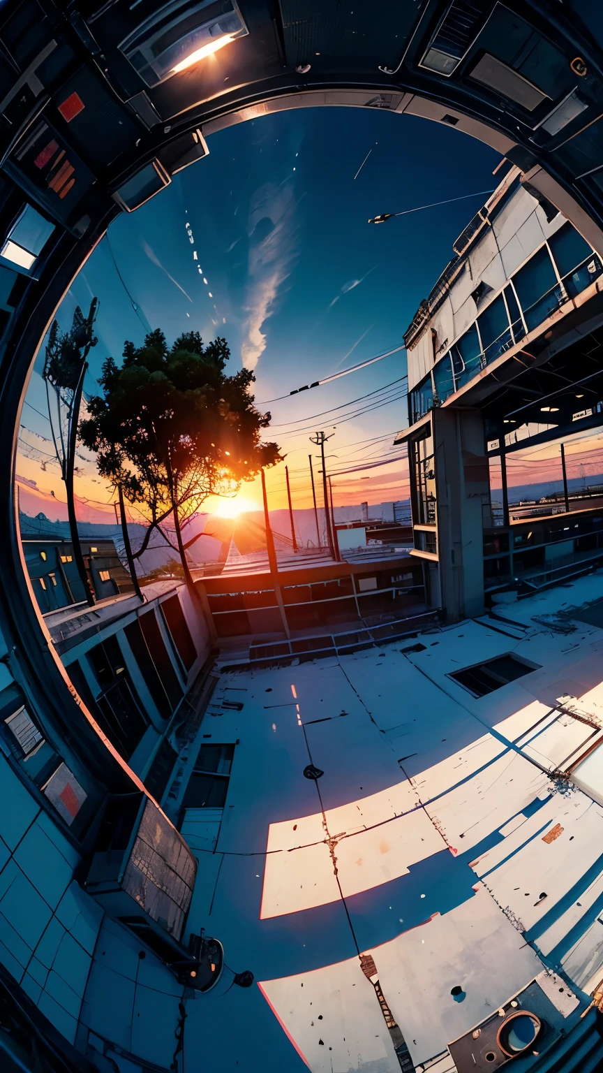 (Fish-eye lens),Icon, Logo, Very Wide White Background, Extreme Quality, Masterpiece, 8k, Depth of Field, Complex Detail, (No People), Very Large Margin, Lots of Text, Corporate Logo, Space, Motif, Emblem, Movie Poster-Like, Fisheye, (Abandoned Factory), (Lots of Wires), Spacecraft, Moon, Sun Flare, (sunset), snow