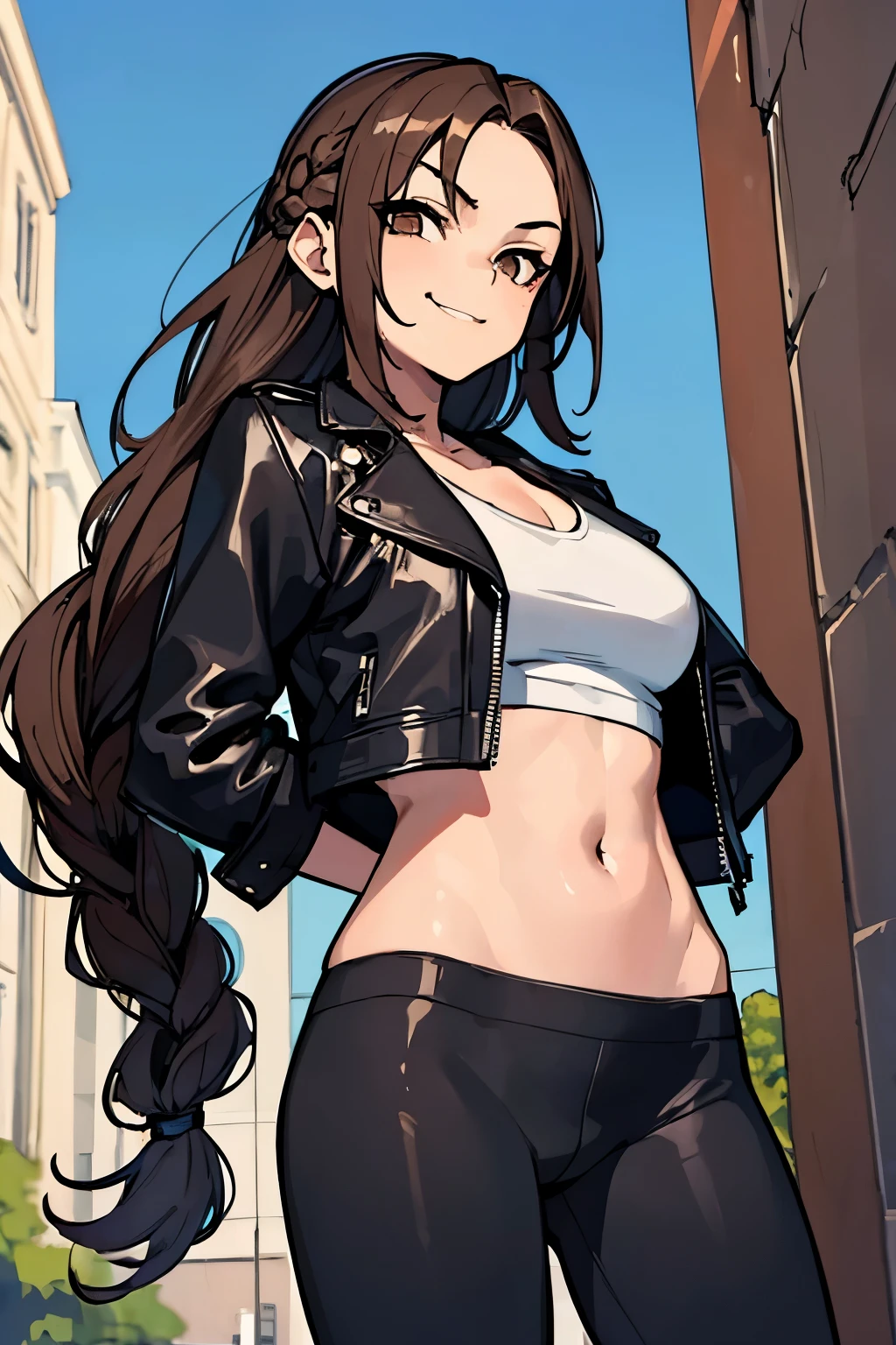(((masterpiece))), (best quality)) 1girl, single character, female, teenager, arms crossed, looking down, looking at camera, (camera from below), smug, teasing, teasing smile, big breasts, dark brown eyes, small eyes, brown hair, long hair, loose braid, black leather jacket, tank top, leggings, slightly muscular, muscle arms, sidewalk, blue sky