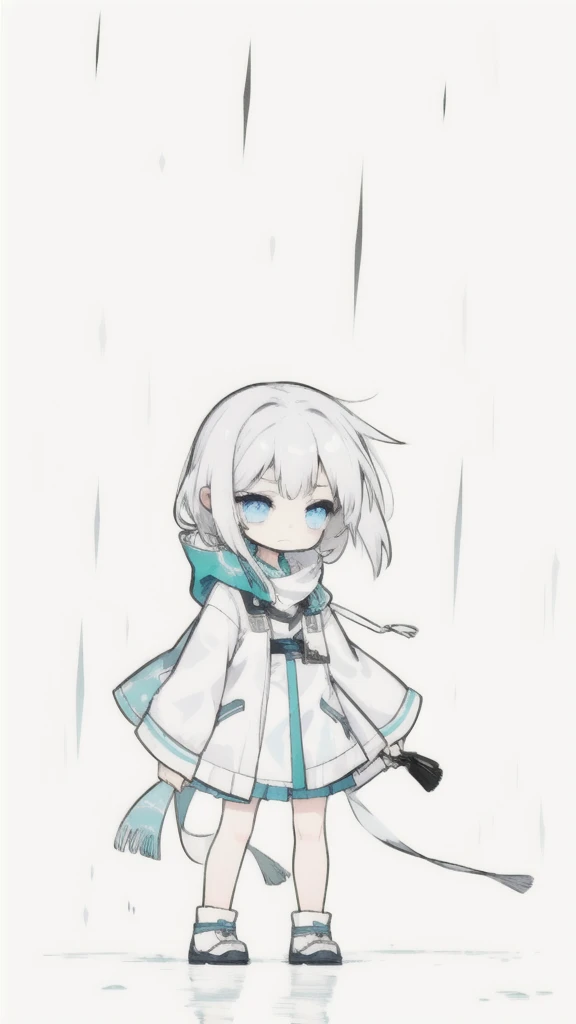 best quality, chibi, 1 girl, (full body), Pure white background,Vivid,clearly,sad face,rain,Blowing in the Wind