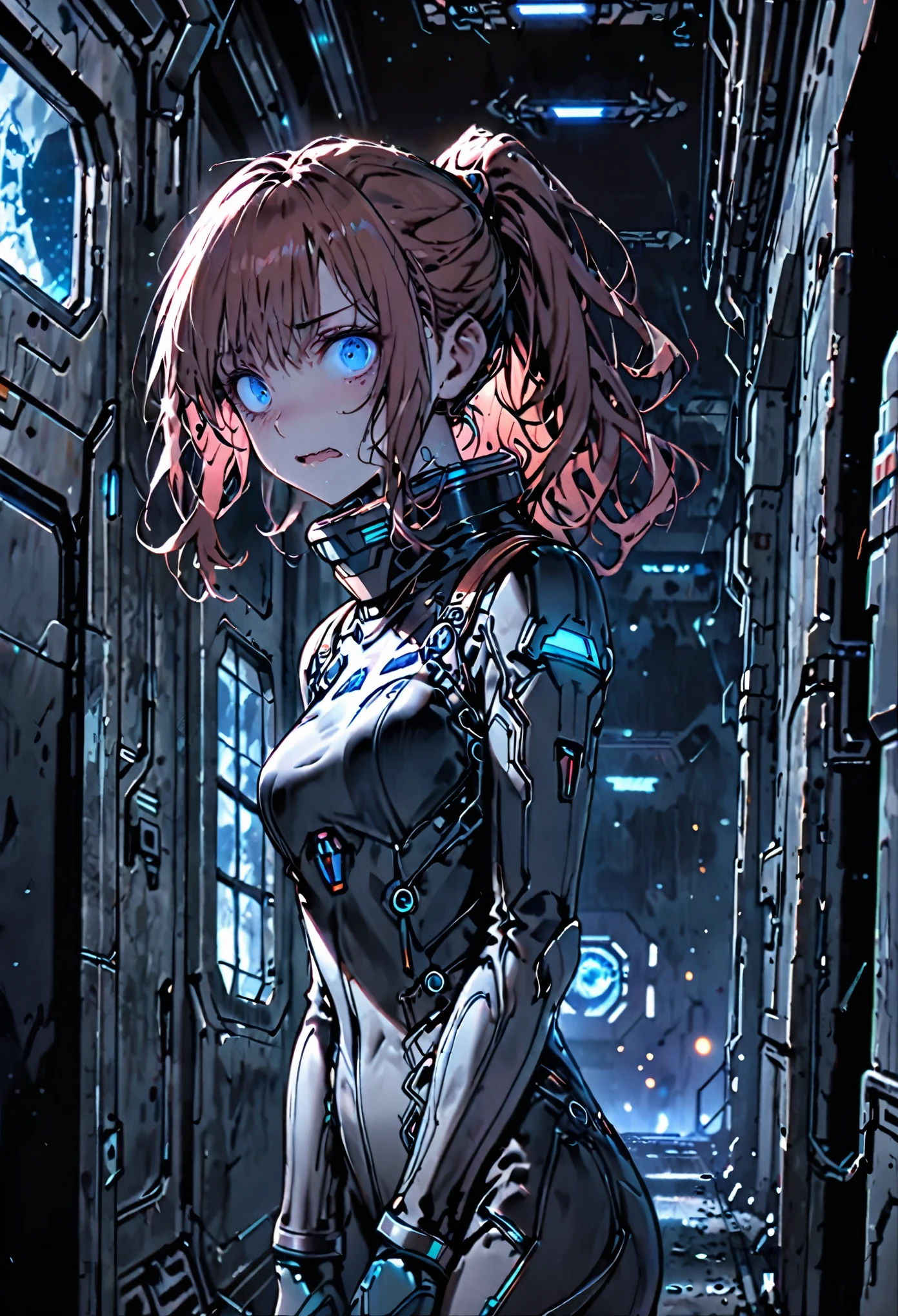 medium shot, solo, female, sfw, abandoned spaceship, space landscape, dark, scary atmosphere, android, long hair, auburn hair, blue eyes, intricate artificial limbs, small breasts, hallway, window, scared, wavy mouth, teary eyes, ponytail, disheveled hair, spacesuit, bulky equipment, bulky suit, worn, helmet, scared pose, close up
