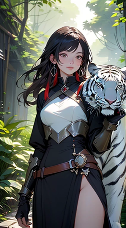 A beautiful and seductive warrior with flowing brown hair、Hall々And(Standing next to a white tiger)。Her bright smile and sharp gaze captivate everyone who sees her.、It embodies strength and sophistication。Exquisite details on armor and weapons、It speaks to her skill and elegance.。Surrounding them is、With a lush and vibrant forest background、The sunlight filtering through the dense canopy、It casts a gentle glow on the scene.。The atmosphere is full of adventure and mystery.、Distant cries of wild animals echo through the air.。This awe-inspiring image was captured in high resolution photography.、Every intricate detail is visible and、Vibrant colors and textures are highlighted。The final work is、Classic artistry with a modern twist,(Incredibly detailed:1.1)、、(High-definition model:1.1)、(Incredibly realisticなトーン:1.1)、(Deep Sharpness:1.1)、(Incredibly realistic:1.1)、(Image 32k:1.3)、(Detailed waypoints:1.1)、(Detailed Background:1.1)、(Fine details:1.1)、(Photo RAW:1.1)、(An incredible masterpiece:1.1)、(Incredibly detailedな顔:1.1)