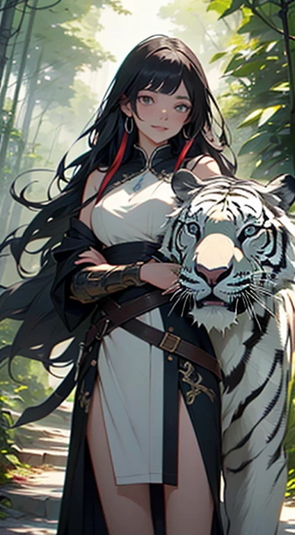 A beautiful and seductive warrior with flowing brown hair、Hall々And(Standing next to a white tiger)。Her bright smile and sharp gaze captivate everyone who sees her.、It embodies strength and sophistication。Exquisite details on armor and weapons、It speaks to her skill and elegance.。Surrounding them is、With a lush and vibrant forest background、The sunlight filtering through the dense canopy、It casts a gentle glow on the scene.。The atmosphere is full of adventure and mystery.、Distant cries of wild animals echo through the air.。This awe-inspiring image was captured in high resolution photography.、Every intricate detail is visible and、Vibrant colors and textures are highlighted。The final work is、Classic artistry with a modern twist,(Incredibly detailed:1.1)、、(High-definition model:1.1)、(Incredibly realisticなトーン:1.1)、(Deep Sharpness:1.1)、(Incredibly realistic:1.1)、(Image 32k:1.3)、(Detailed waypoints:1.1)、(Detailed Background:1.1)、(Fine details:1.1)、(Photo RAW:1.1)、(An incredible masterpiece:1.1)、(Incredibly detailedな顔:1.1)