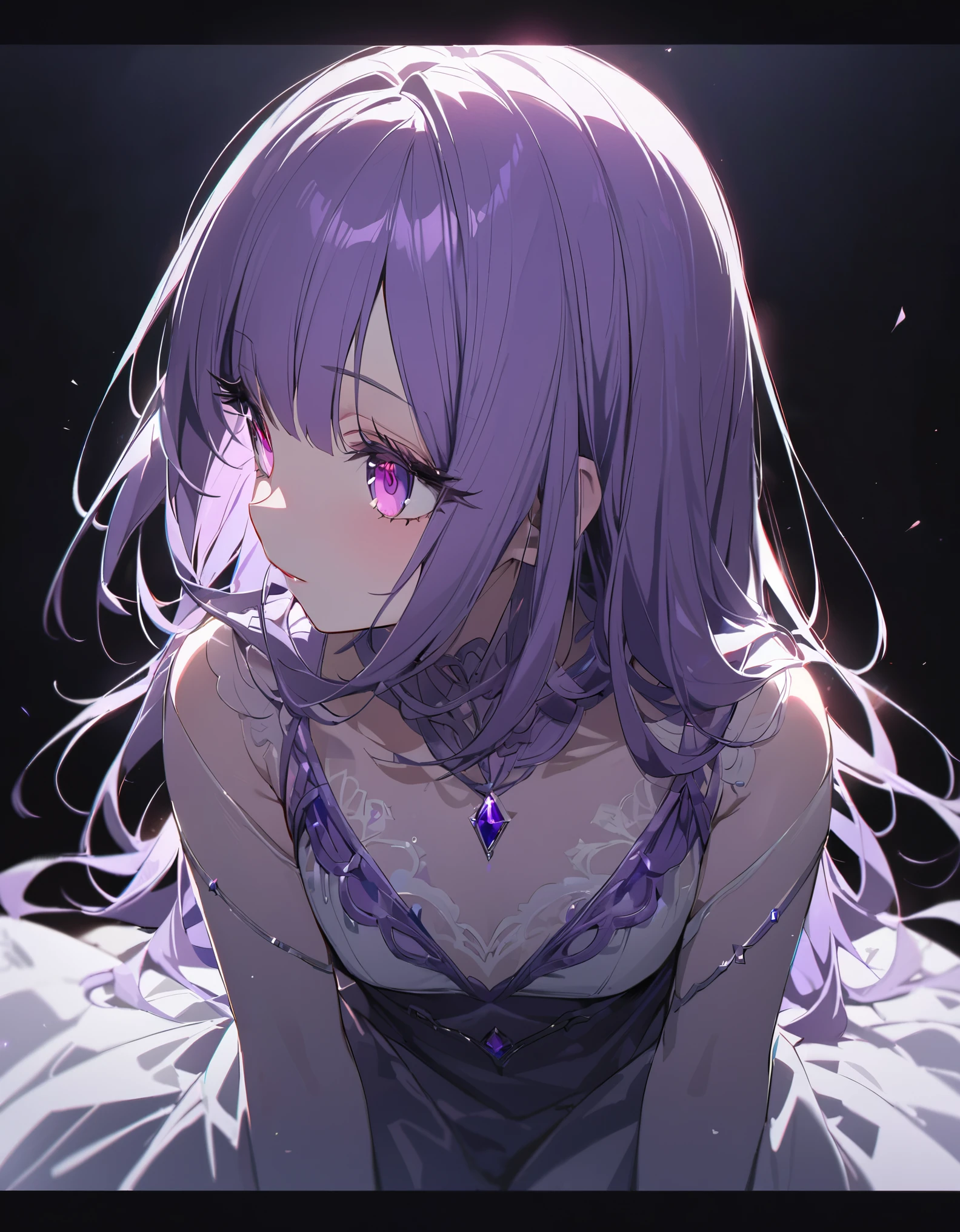 (Sketches),(eyelash:1.3),(Black background:1.2),View ViewerHigh Resolution, Cute One Girl, Beautiful and fine details, Long purple hair, Pale red eyes, Original Costume、Princess Dress, Glowing Skin, 前かがみSide Shotハイコントラストの女の子, Sitting, Side Shot, (null:1.3), (masterpiece, highest quality, perspective, Depth of written border:1.2)worries hold one's head