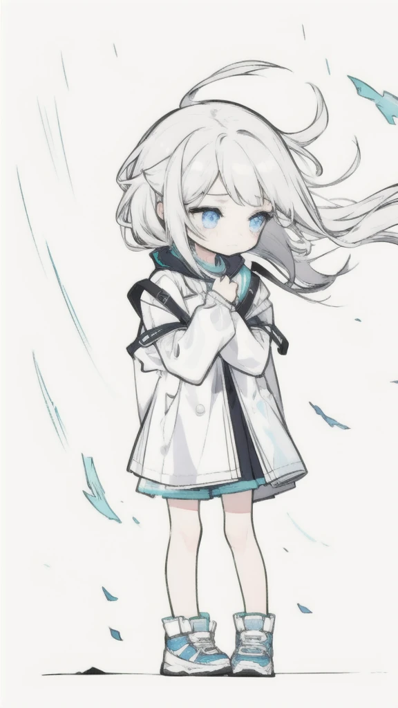 best quality, chibi, 1 girl, (full body), Pure white background,Vivid,clearly,sad face,rain,Blowing in the Wind