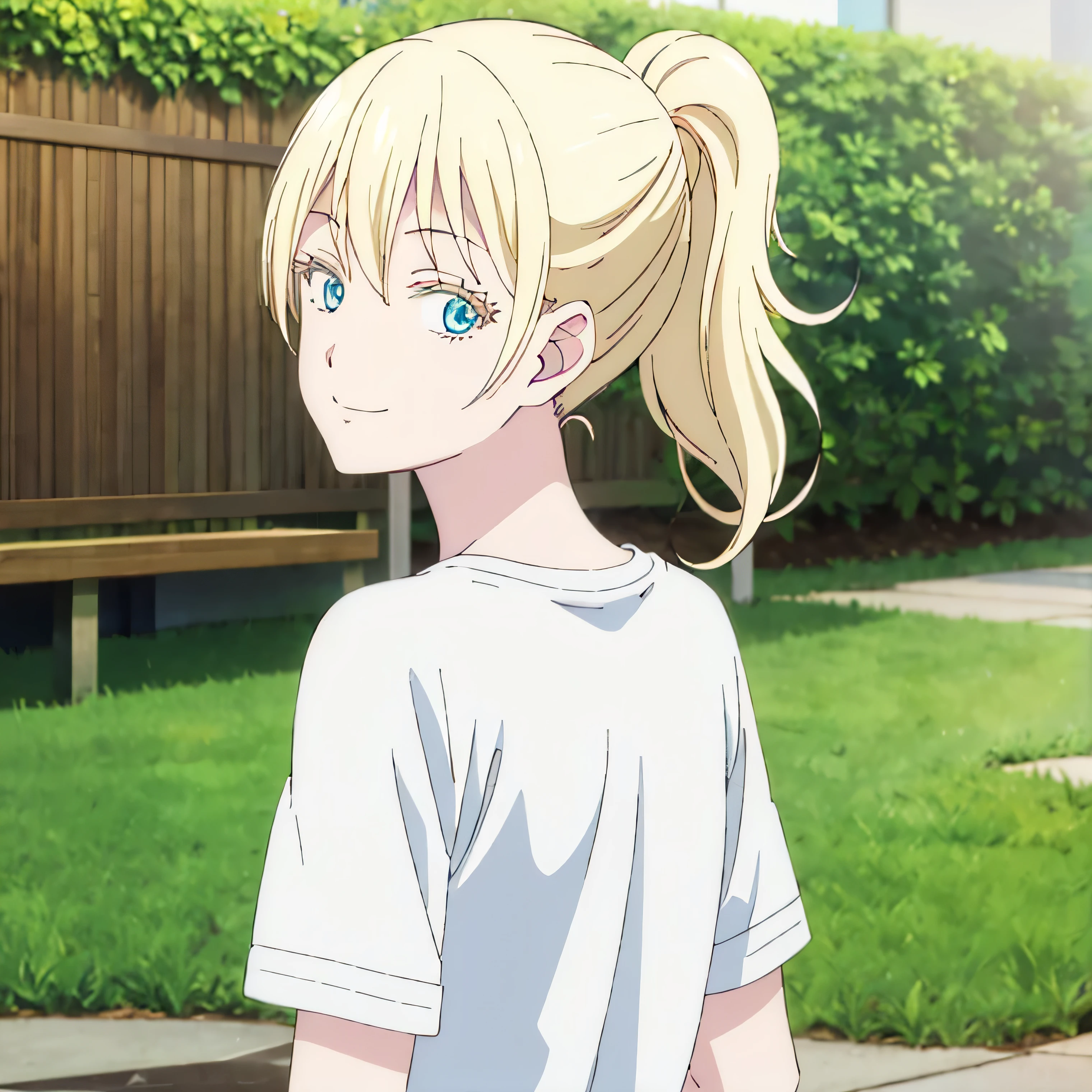 OLIVIA, , 1girl, solo, facing viewer, looking at viewer, upper body, ponytail, smile, in the backyard, wear white t-shirt, back