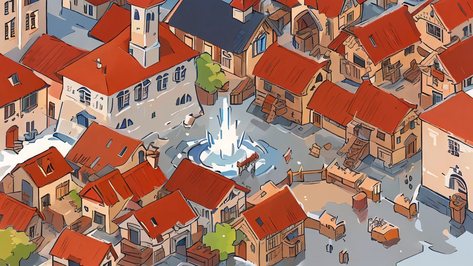 arafed town with a fountain and a horse drawn carriage, medieval town landscape, medieval city background, medieval town, medieval city, wooden buildings, old buildings, medieval buildings, town center background, medieval village, isometric 3d fantasy, town background, isometric 3d render, isometric view. game rpg, isometric illustration, isometric game art, renaissance  city background, townscape