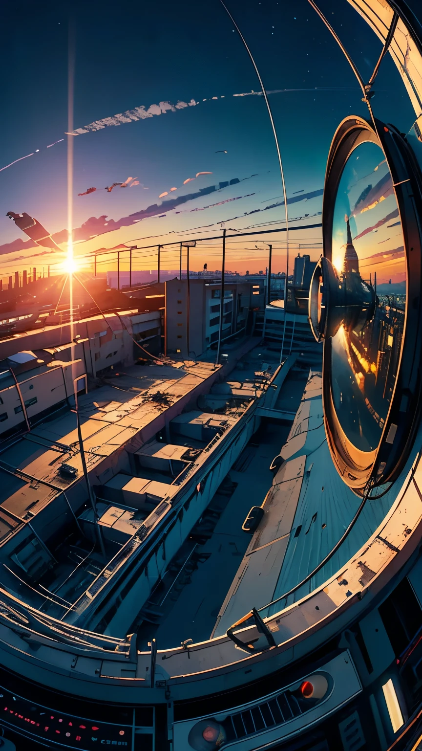 (Fish-eye lens),Icon, Logo, Very Wide White Background, Extreme Quality, Masterpiece, 8k, Depth of Field, Complex Detail, (No People), Very Large Margin, Lots of Text, Corporate Logo, Space, Motif, Emblem, Movie Poster-Like, Fisheye, (Abandoned Factory), (Lots of Wires), Spacecraft, Moon, Sun Flare, (sunset),