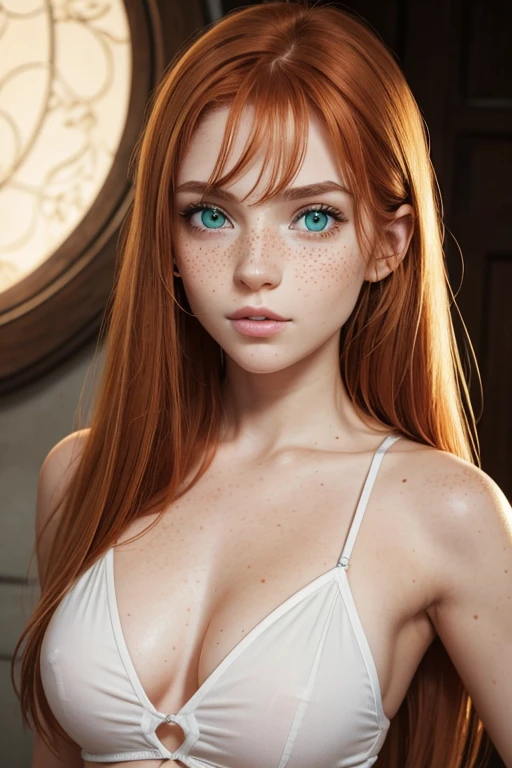 1girl, ultra detailed eyes, green eyes, little nose,ginger hair, straight hair, freckles, sensual mouth, perfect face, perfect body, large br3ast,