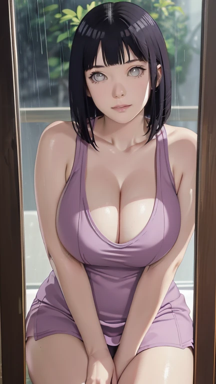 Chubby, Curve, thick, Made, absurderes, Hinata\(Boruto\), 1girll, Solo,Mature female, view the viewer,Perfectcomposition, Detailed lips, big breast, Beautiful face, body chubby, Blush, (white lips), Long hair, Purple eyes, Soft gaze, angry smile, Super realistic, Detailed, photoshoot, Realistick faces and bodies，（perspire，Sweat a lot，Blushlush，Be red in the face，Blushlush），（Bigboobs），japanese house，Stand at the door，natta，raining day, ((short dress)), ((cleavage)), sideboob, dark hair, sleeveless, thighs, full body