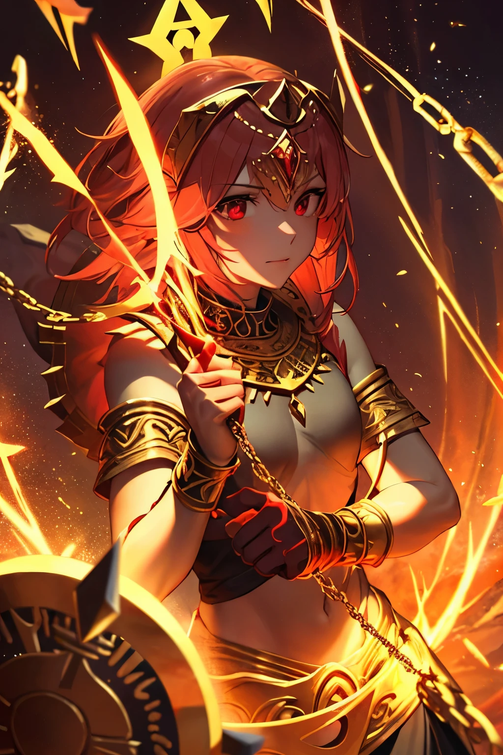 Thyra, a 60 meter warrior goddess, emerges from an erupting volcano at dusk, his bronze skin shining with the light of magma. Her hair, long and red like fire, falls in wild cascades over his shoulders and back. Naked and fearless, standing on a volcanic plain, His posture is powerful and provocative., with one leg raised on a glowing rock and one hand resting on his thigh, while the other holds a flaming sword. His eyes, full of ferocity and desire, They look at the tiny humans at their feet, mesmerized by his fiery presence. His lips curved in a defiant smile and his athletic, sculpted body radiate an aura of searing eroticism., enveloping everyone present in a spell of submission and extreme veneration.
