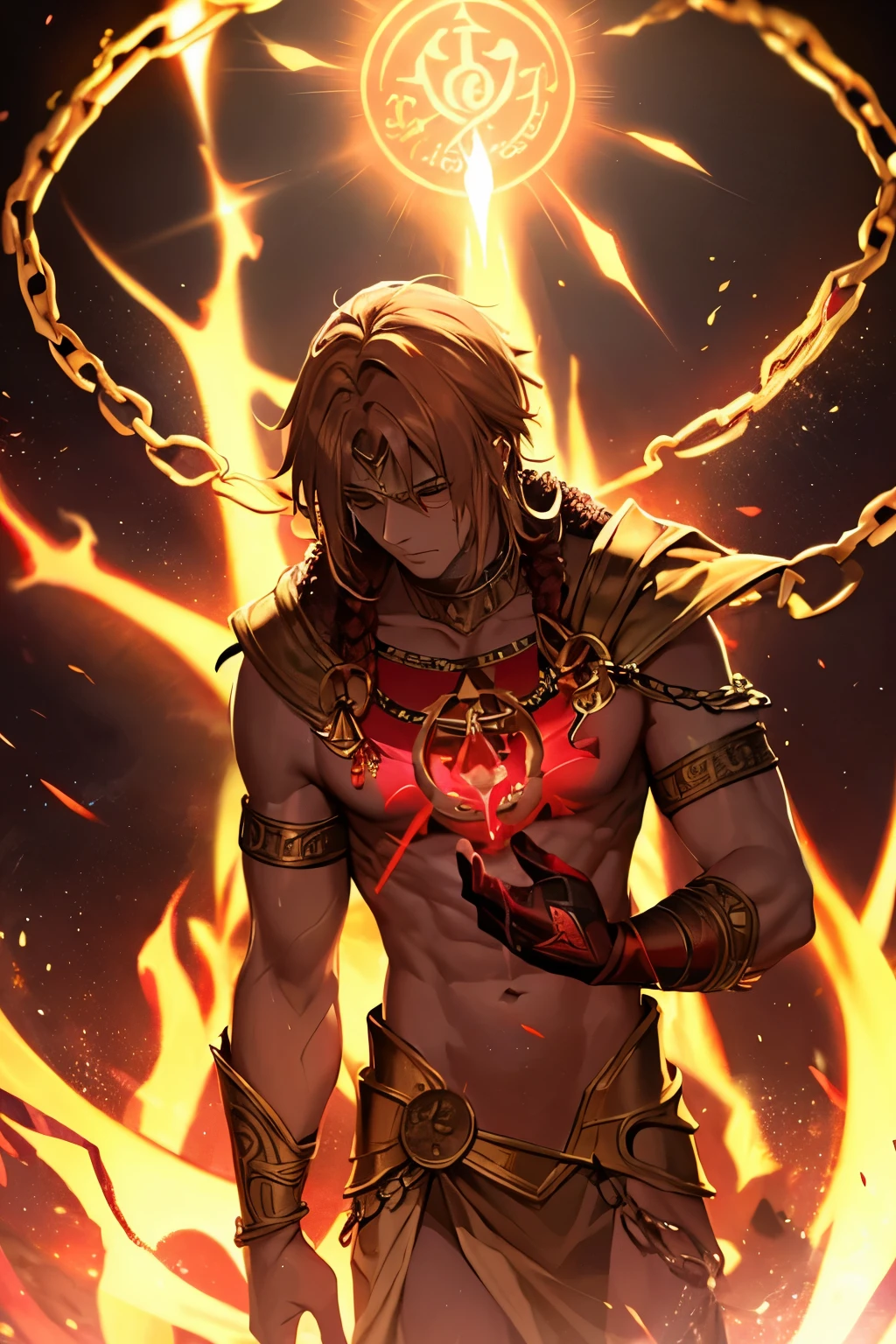 *The right hand is covered with a magical seal, red in color, glows when activated, and releases many divine golden chains with ancient runes belonging to Gilgamesh*