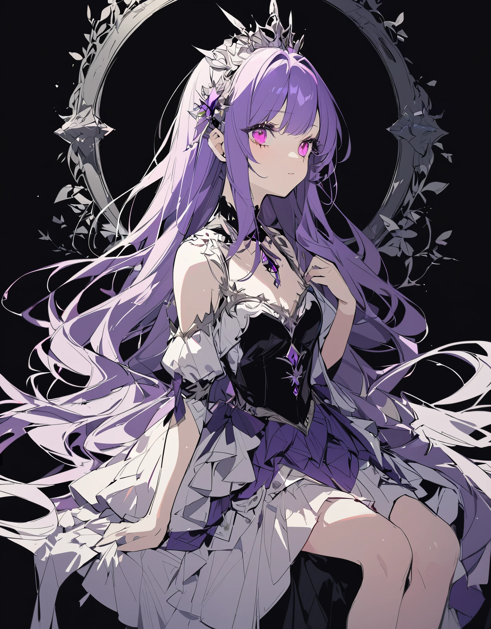 (Sketches),(eyelash:1.3),(Black background:1.2),View ViewerHigh Resolution, Cute One Girl, Beautiful and fine details, Long purple hair, Pale red eyes, Original Costume、Princess Dress, Side shot high contrast girl, Sitting, Side shot problem hold one's head