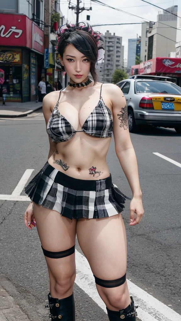 1girl, 23 years old, asian female pretty face, perfect eyes and face features, Punk outfit, wild hair, tattoos, plaid miniskirt, crop top, wearing_urbangal sexy, hottest female urban body