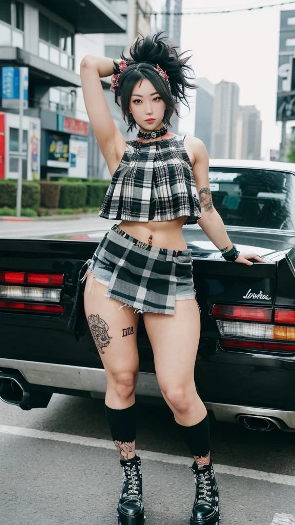 1girl, 23 years old, asian female pretty face, perfect eyes and face features, Punk outfit, wild hair, tattoos, plaid miniskirt, crop top, wearing_urbangal sexy, hottest female urban body