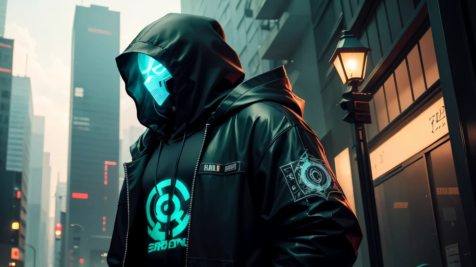 There is a man wearing a ghost mask and a black hoodie,Com 3 espadas, estilo cyberpunk hiper-realista,estilo de anime cyberpunk digital, cor verde, cabelo verde