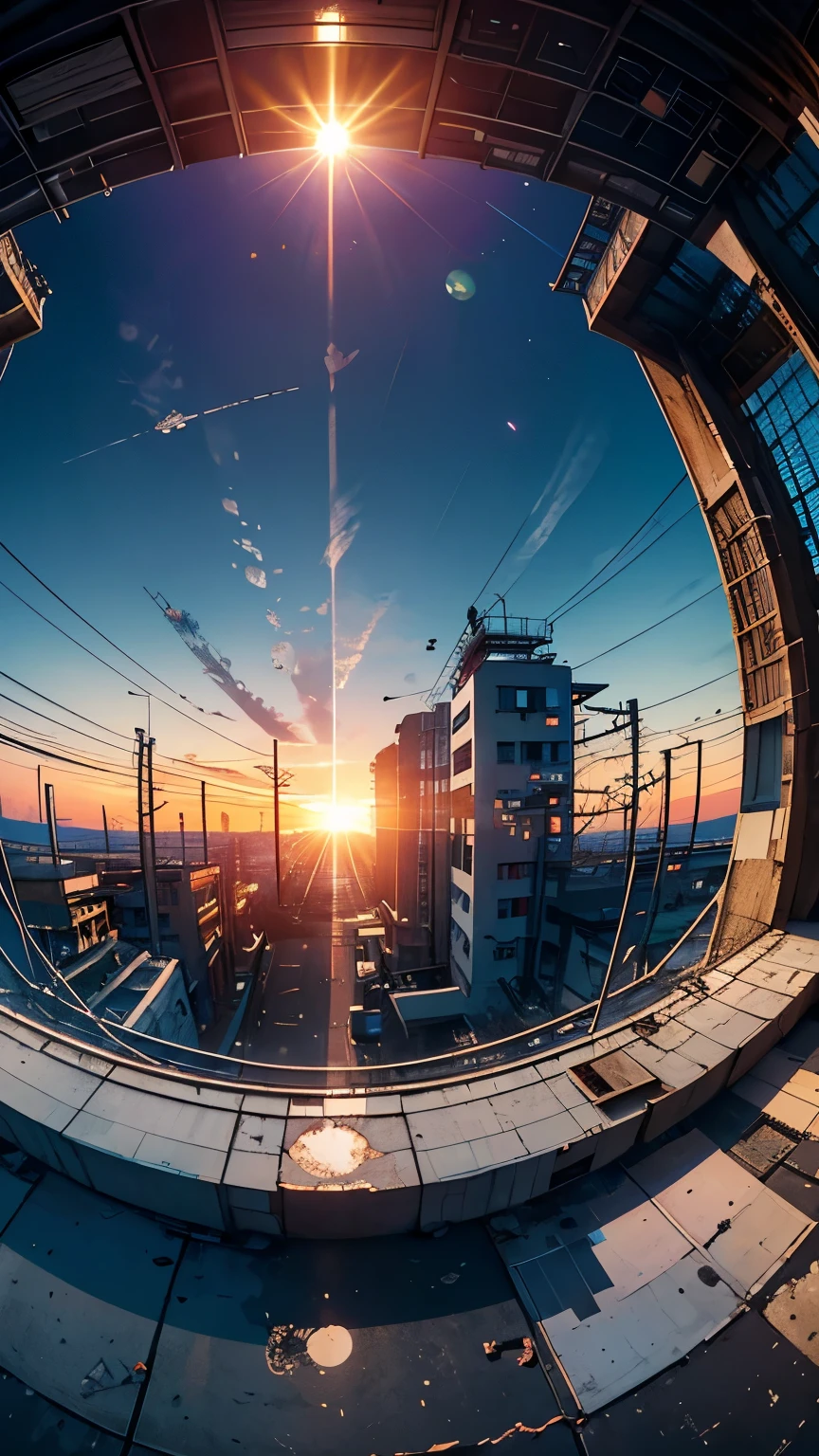 (Fish-eye lens),Icon, Logo, Very Wide White Background, Extreme Quality, Masterpiece, 8k, Depth of Field, Complex Detail, (No People), Very Large Margin, Lots of Text, Corporate Logo, Space, Motif, Emblem, Movie Poster-Like, Fisheye, (Abandoned Factory), (Lots of Wires), Spacecraft, Moon, Sun Flare, (sunset),
